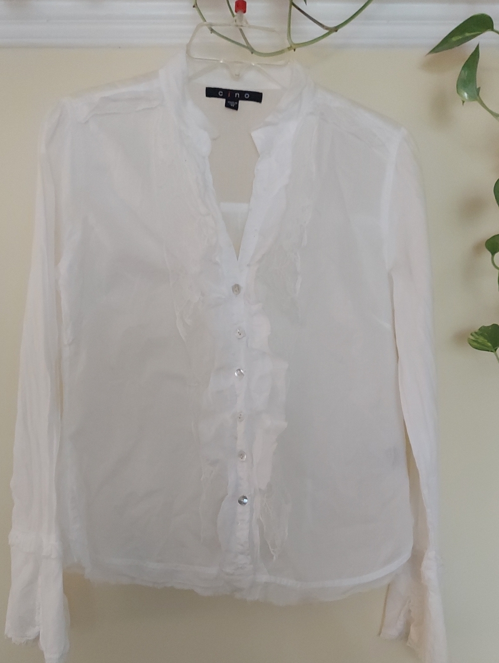 Cino White Ruffle-Front Button Down Blouse